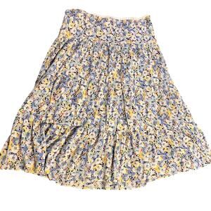 Chaps Denim Midi Skirt Size XL Blue White Floral Tiered Boho Cottagecore Prairie